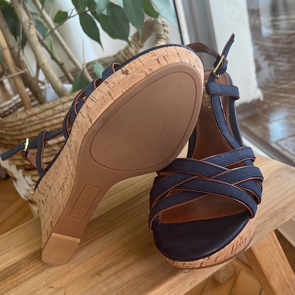 Lauren Ralph Lauren QUAYLIN Navy Blue Peep Toe Cork Wedge Heel Shoes 7 - Picture 8 of 10